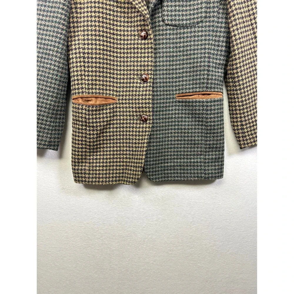 Vintage JL‎ Colebrook Blazer Women 6 Green Tan Houndstooth Wool Blend Suede Trim